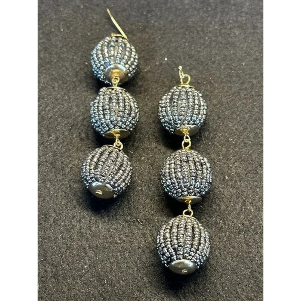 Gunmetal Beaded Triple Ball Drop Dangle Earrings Boho NWT New Jewelry Gift